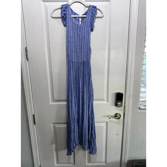 Free People Blue Striped Smocked Chambray Butterfly Maxi Dress XS - Picture 3 of 8